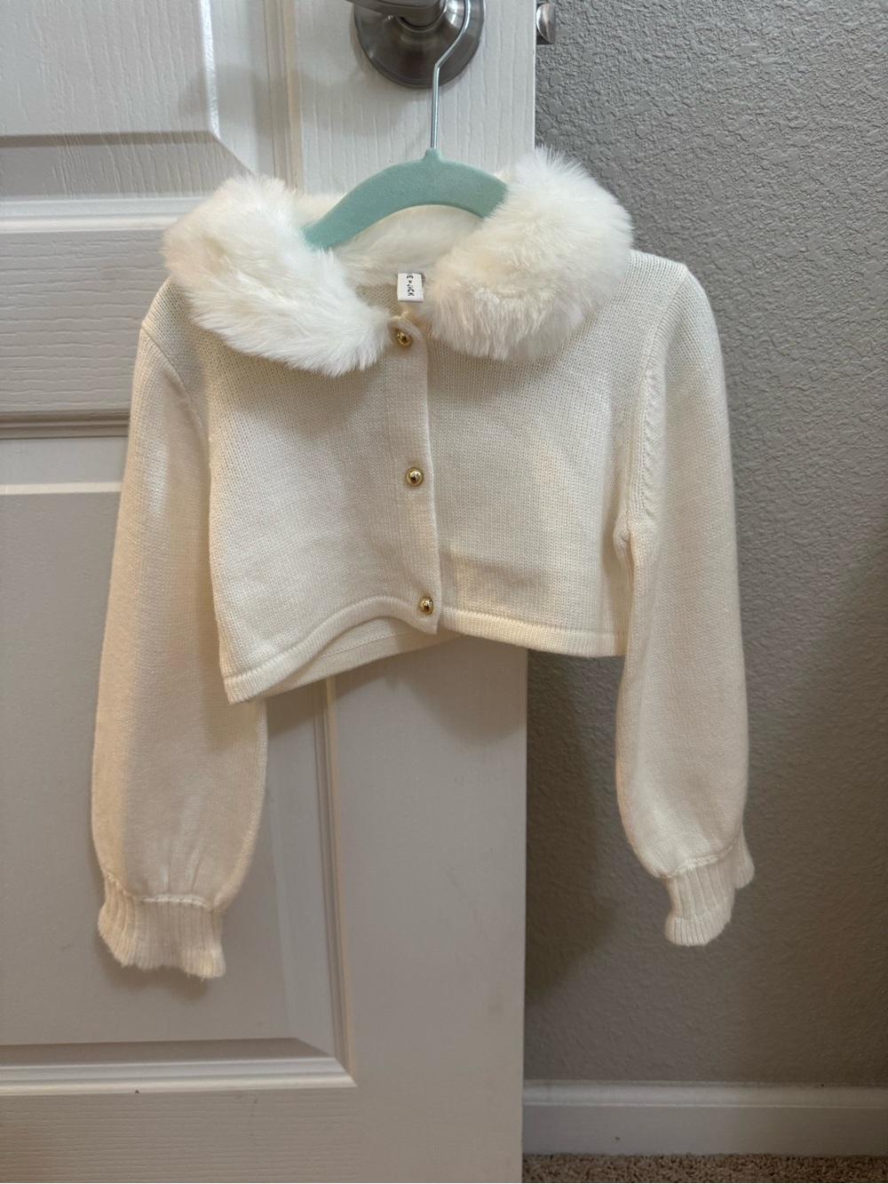 Janie & Jack Faux Fur Cream Collar Cropped Cardigan